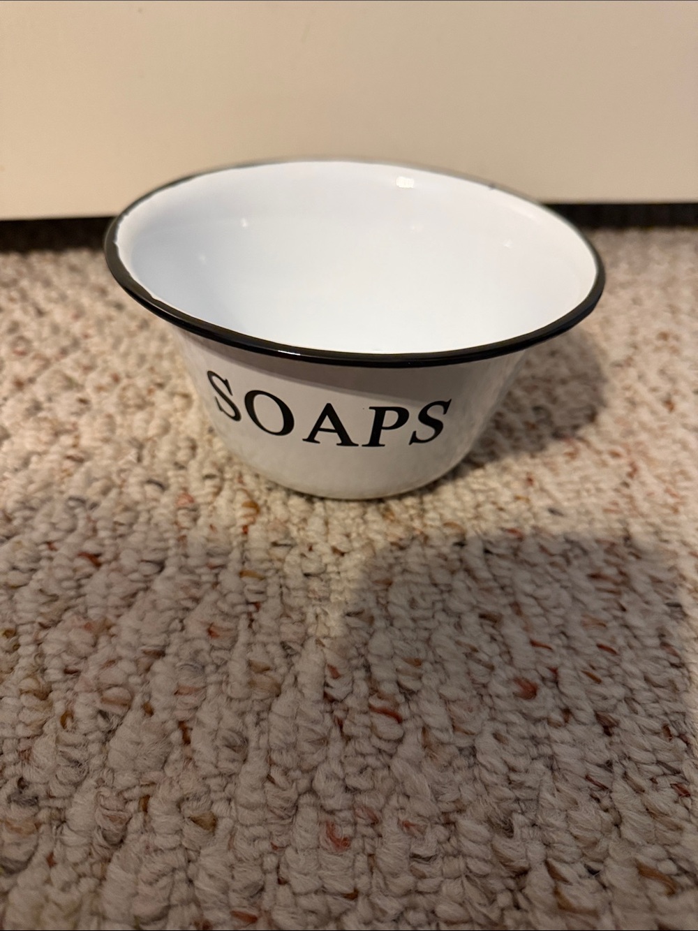 White Enamel 'SOAPS' Vanity Soap Bowl with Black Trim